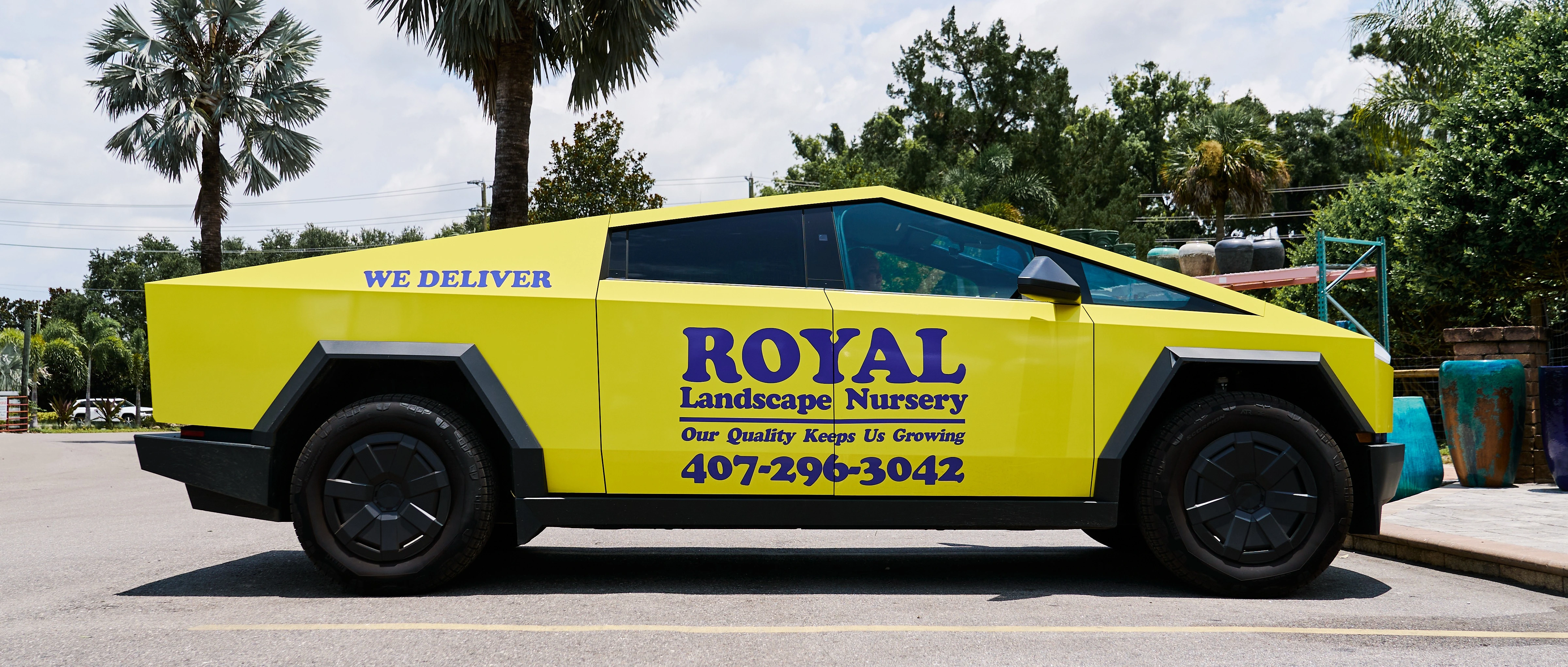 Tesla delivery truck for Royal Landscape Nursery at a nursery in Orlando, FL.