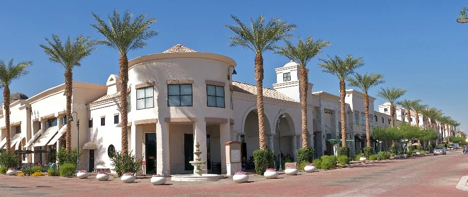 Tall palm trees around a commercial building in Orlando, FL.